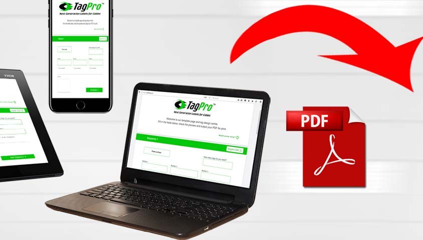 The free TagPro online tag design app running on a tablet, a phone and a laptop, generating a PDF