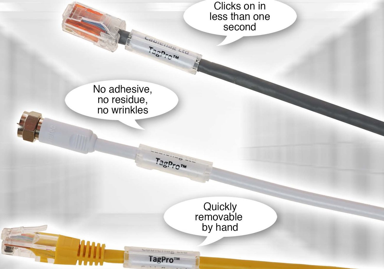 TagPro labels fitted to a shielded data cable, a coaxial cable and a yellow RJ45 patch lead, showing that the tag clicks on in less than one second, uses no adhesive and is quickly removable by hand