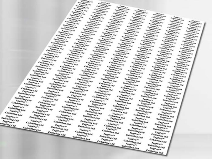A printed sheet of TagPro tags, up to 112 tags per sheet, with no adhesive backing